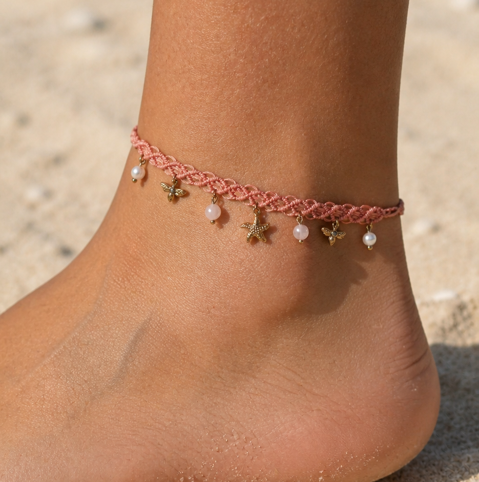 Bracelet de cheville, micro-macramé et breloques feminin,  made in France 